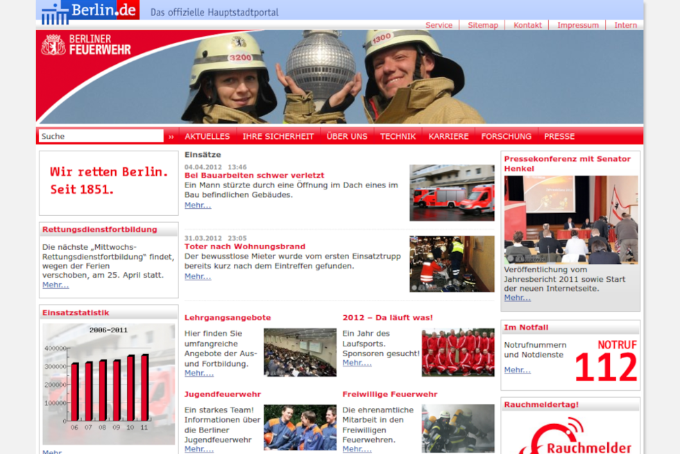 Website der Berliner Feuerwehr im April 2012