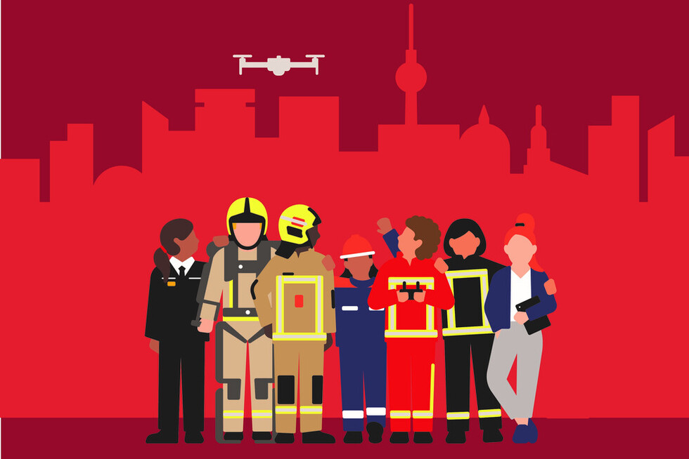 Stilisierte Darstellung der vielfältigen Mitarbeitenden der Berliner Feuerwehr