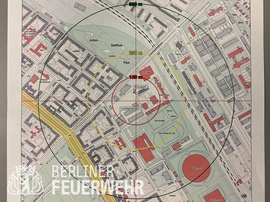 Sperrkreis im Radius von 500 m rund um den Fundort der Bombe