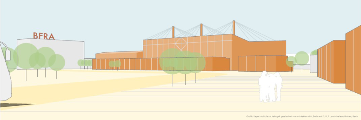 Grafische Darstellung einer Freifläche mit Bäumen, Personen und Gebäuden