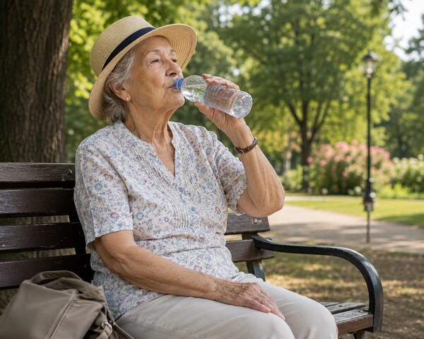 Frau mit Hut sitzt auf Parkbank und trinkt Wasser aus einer Flasche