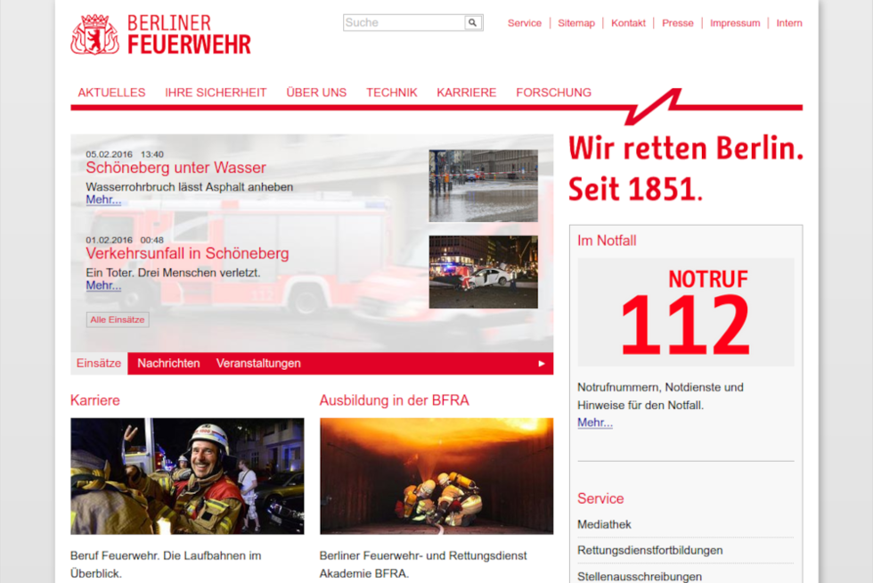 Website der Berliner Feuerwehr im Februar 2016