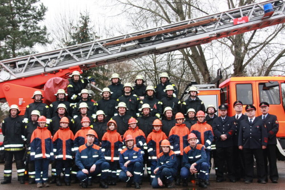 Gruppenbild Feuerwehrleute vor Drehleiter