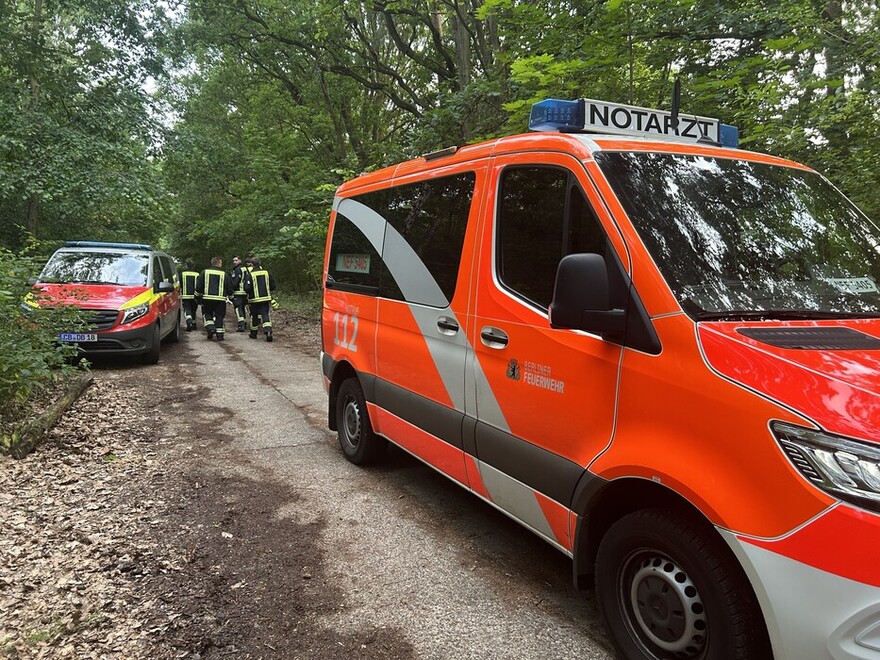 Einsatzfahrzeuge und Einsatzkräfte im Wald neben der Bahnstrecke Höhe FEZ