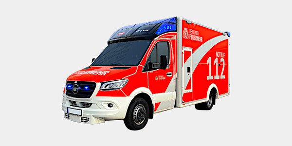 Rettungswagen mit Elektroantrieb e-rtw Ansicht schräg vorn Fahreseite