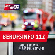 Löschfahrzeug und Text Berufsinfo 112 Berliner Feuerwehr