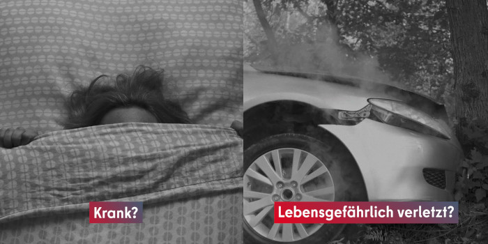 Person im Bett, verunfalltes Auto