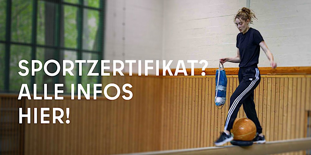 2 Personen in einer Sporthalle, Text Sportzertifikat? Jetzt anmelden!