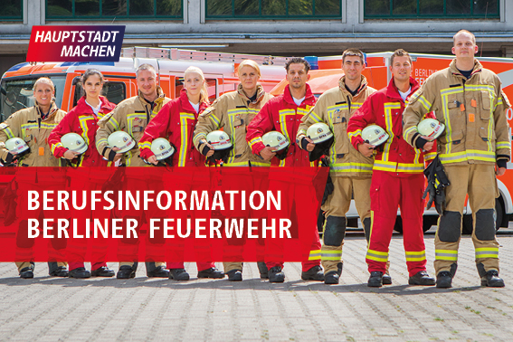 Gruppe von Einsatzkräften und Text Berufsinformation Feuerwehr